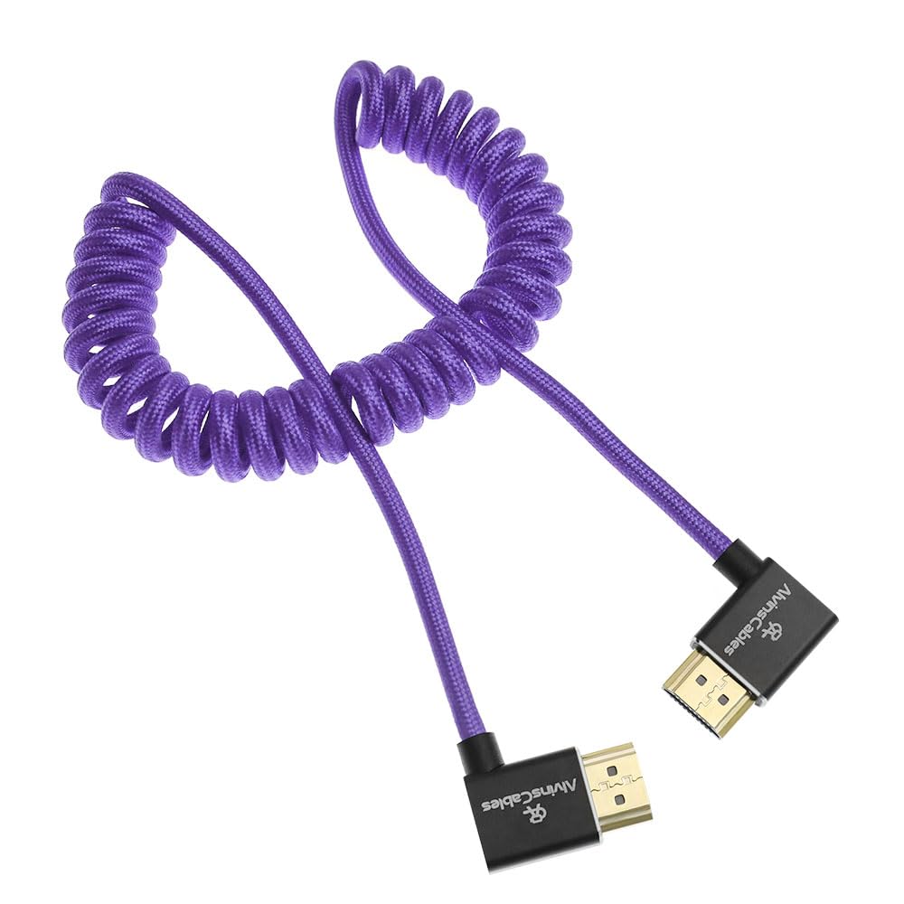 Alvin's Cables 8K HDMI 2.1 Cable 8K 60Hz 4K 120Hz High-Speed for Atomos Ninja Monitor,Left to Right Angle Braided Coiled Cable for Sony FS5 FS7 FX9,for Canon C300 C500,for Nikon Z9 Camera,Purple