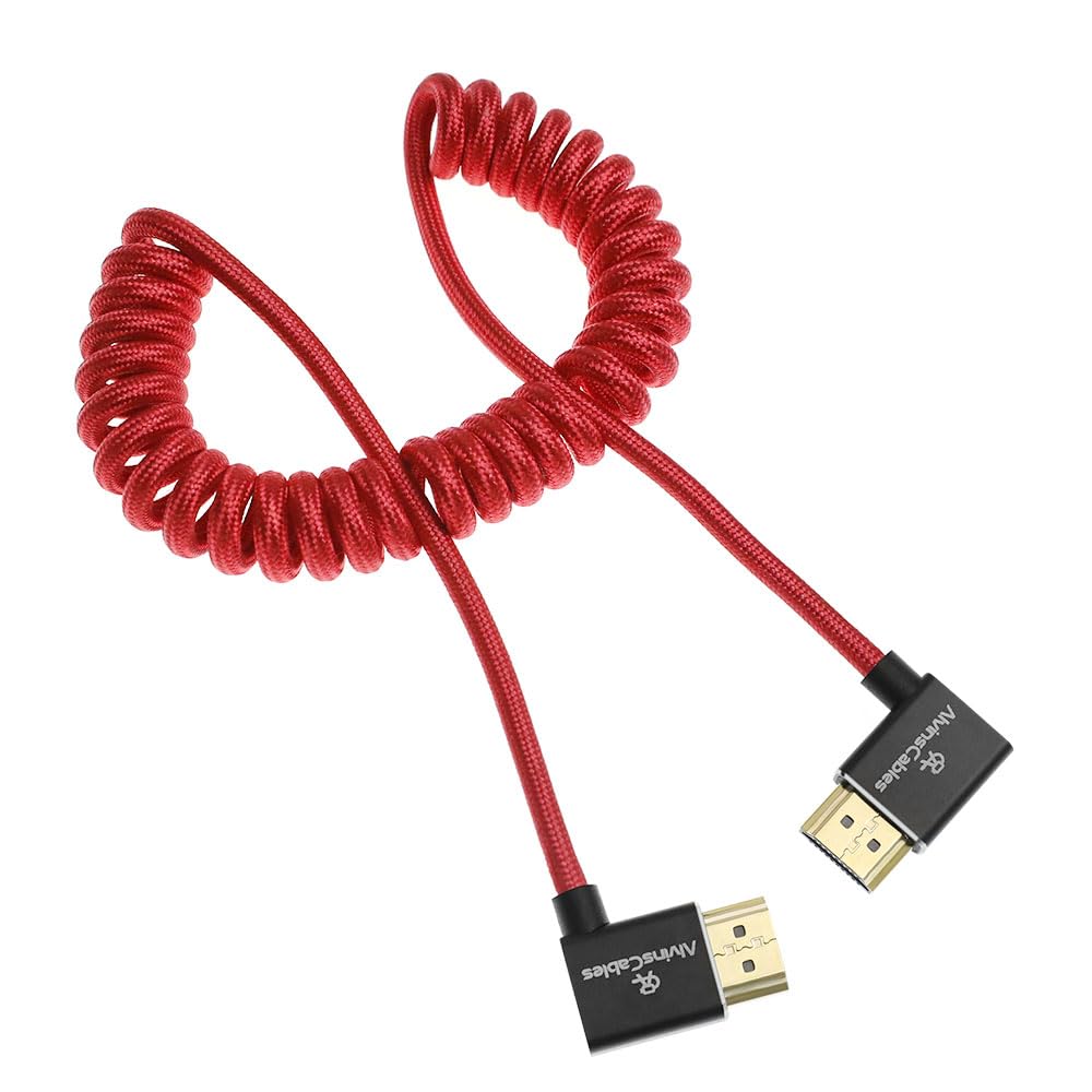 Alvin&#39;s Cables 8K HDMI 2.1 Cable 8K 60Hz 4K 120Hz High-Speed for Atomos Ninja Monitor,Left to Right Angle Braided Coiled Cable for Sony FS5 FS7 FX9,for Canon C300 C500,for Nikon Z9 Camera,Red