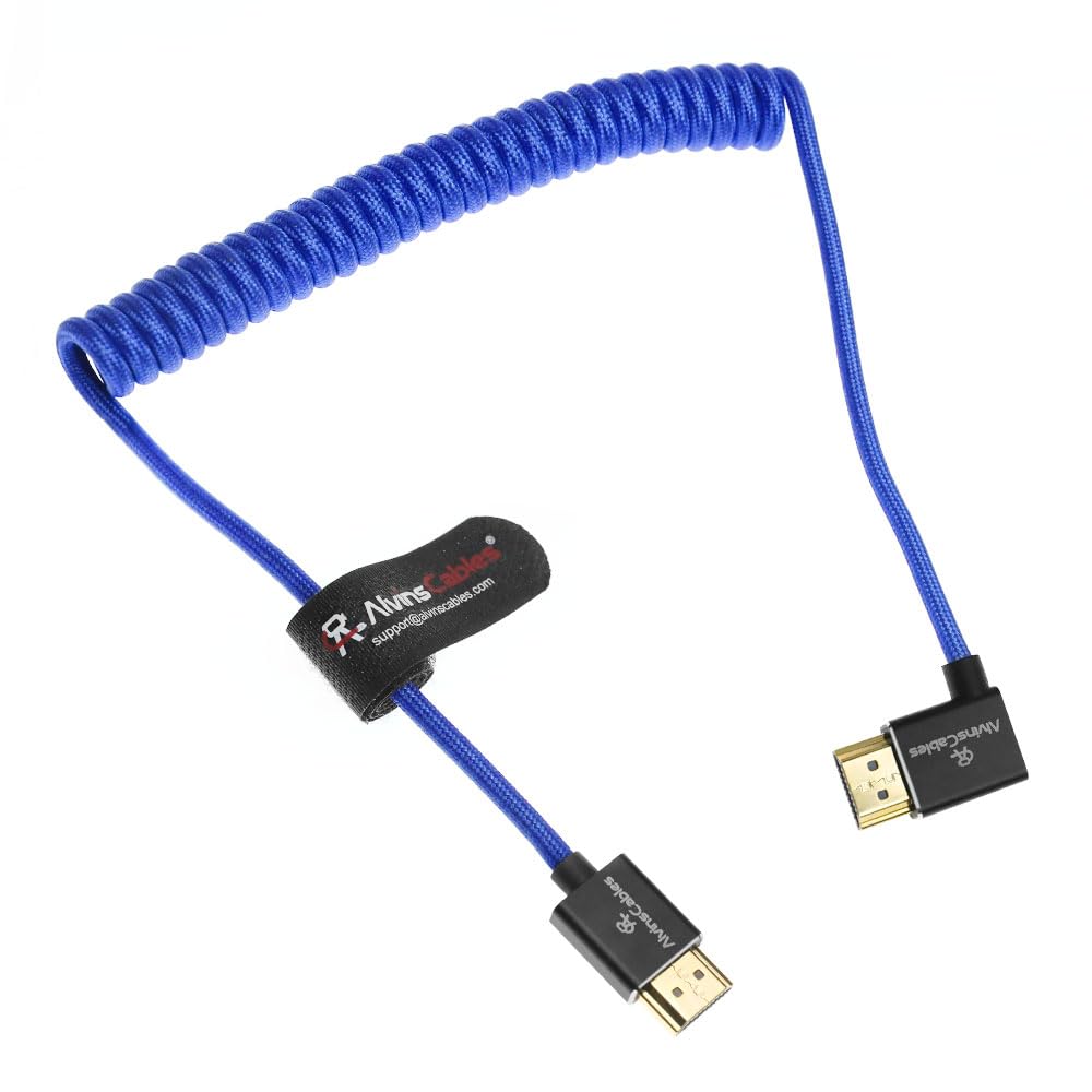 Alvin&#39;s Cables 8K HDMI 2.1 High-Speed Cable 8K@60Hz 4K@120Hz Braided Coiled Cable for Atomos Ninja,for Feelworld,for Sony FS5 FS7 FX9,BMPCC,for Canon C300 C500,Right Angle Blue