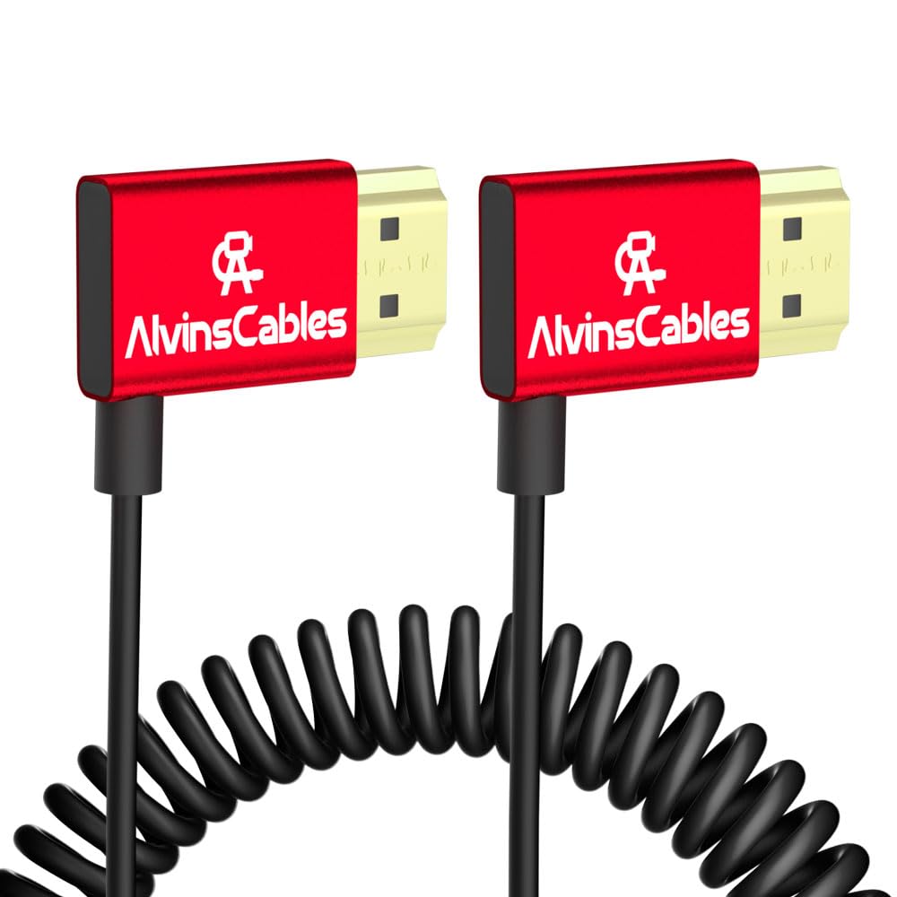 Alvin's Cables 8K HDMI Cable 2.1 48Gbps High Speed Φ2.4mm Ultra-Thin HDMI 8K@60Hz 4K@120Hz for Sony A7 A9, BMPCC, for Canon C70, for Atomos Ninja, for SmallHD, Right to Right Angle Coiled Cable