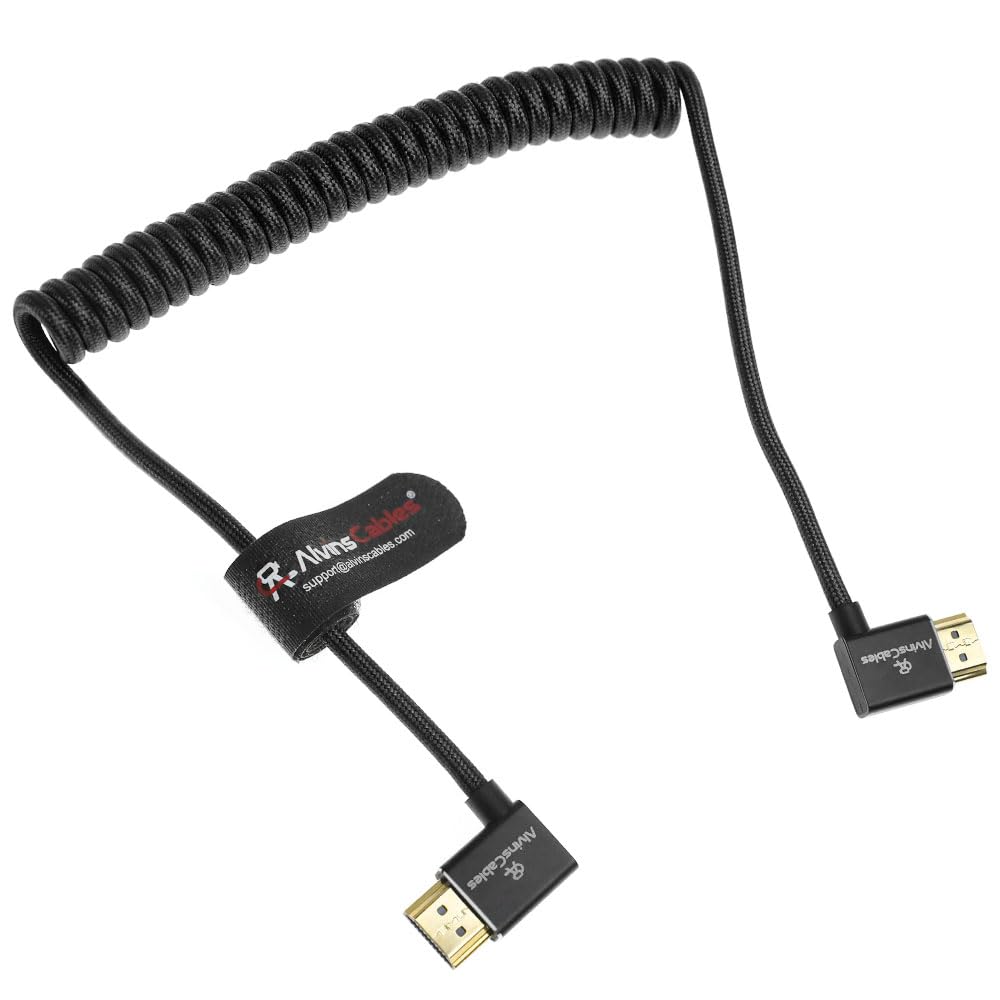 Alvin&#39;s Cables 8K HDMI 2.1 Cable 8K 60Hz 4K 120Hz High-Speed for Atomos Ninja Monitor,Left to Right Angle Braided Coiled Cable for Sony FS5 FS7 FX9,for Canon C300 C500,for Nikon Z9 Camera,Black