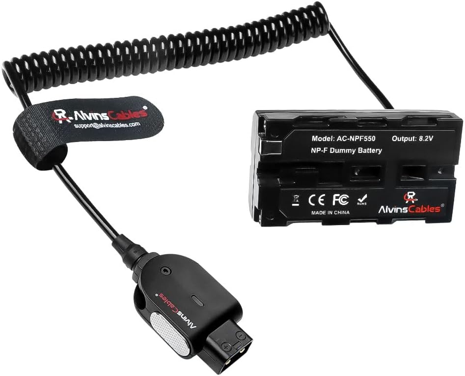 Alvin&#39;s Cables NP F550 Dummy Battery to Alvins Smart D-tap Coiled Power Cable for Sony NP-F550, NP-F570, NP-F970, SmallHD 702, Atomos Ninja Shinobi Camera Monitors