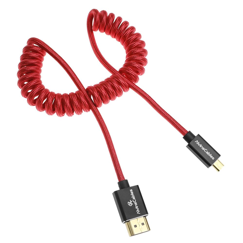 Alvin's Cables 8K 2.1 Micro HDMI to HDMI Coiled Cable for Atomos Ninja V, 8K@60Hz 4K@60Hz High-Speed HDMI Cable for Sony A7RIII A7II A7M3, for Canon R5 M6, for FUJIFILM X-T4 X-T3, Braided Red