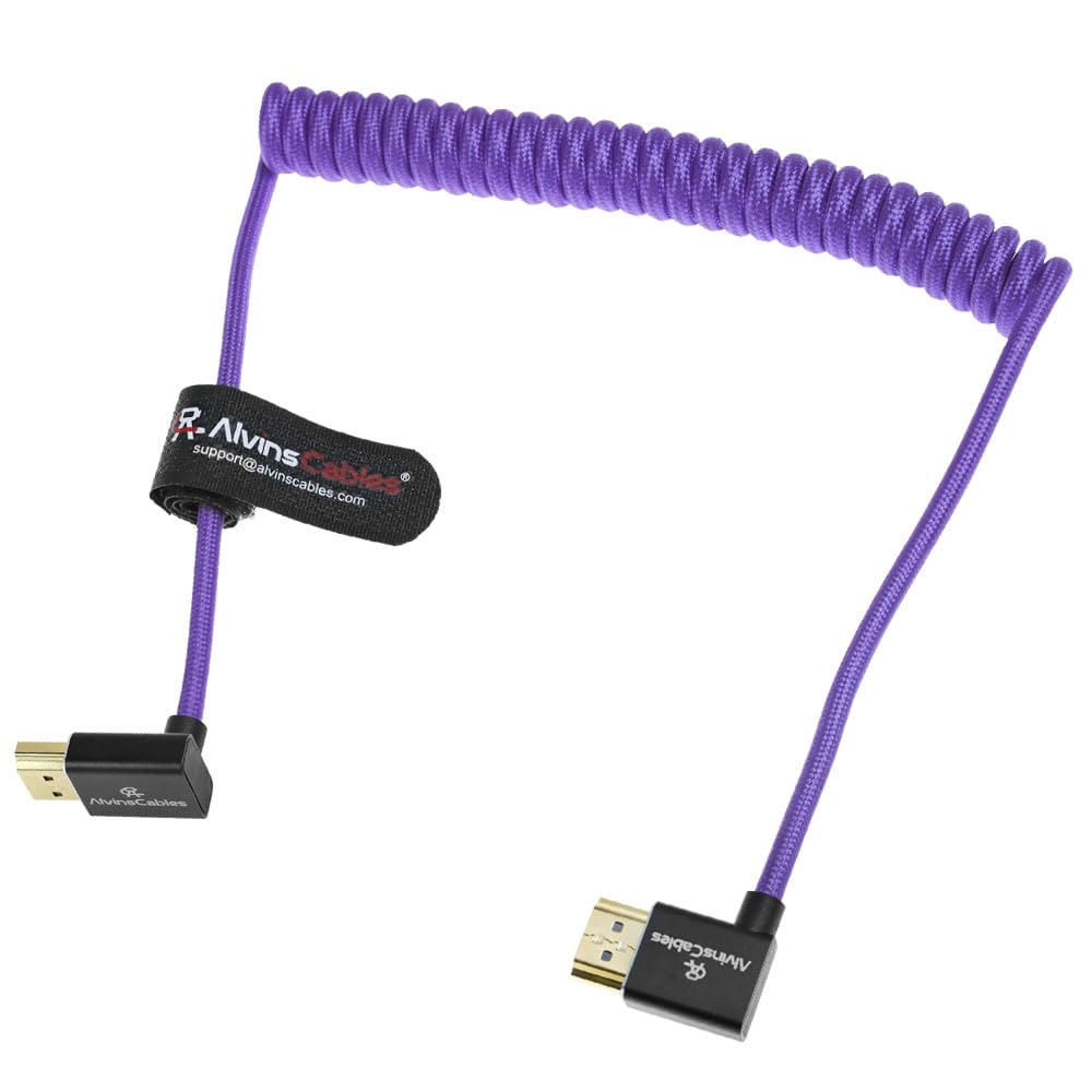 Alvin's Cables 8K HDMI 2.1 Cable 48Gbps 8K@60Hz 4K@120Hz High-Speed Braided Coiled Cable for Sony FS5 FS7 FX9,BMPCC,for Canon C300 C500,for Atomos Ninja,for Feelworld,Right to Up Angle Purple