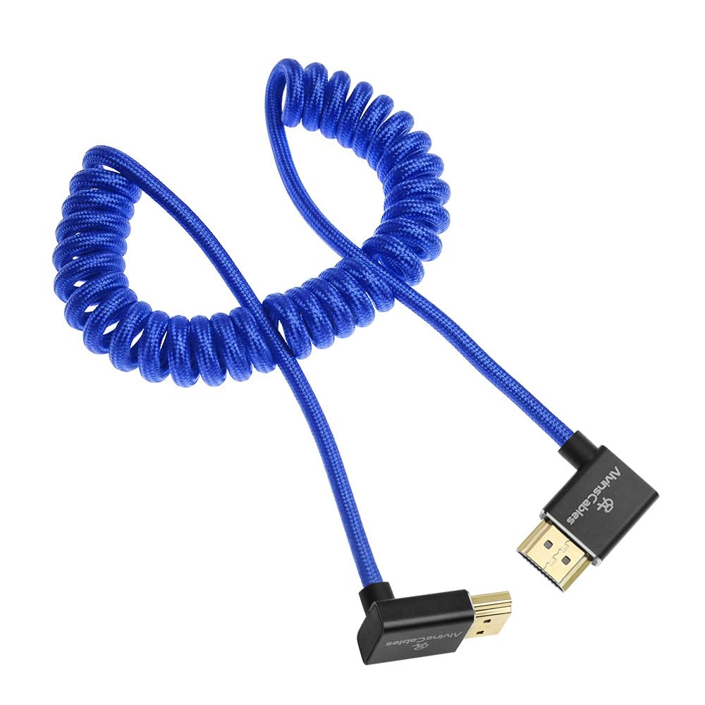 Alvin's Cables 8K HDMI 2.1 Cable 48Gbps 8K@60Hz 4K@120Hz High-Speed Braided Coiled Cable for Sony FS5 FS7 FX9,BMPCC,for Canon C300 C500,for Atomos Ninja,for Feelworld,Right to Up Angle Blue