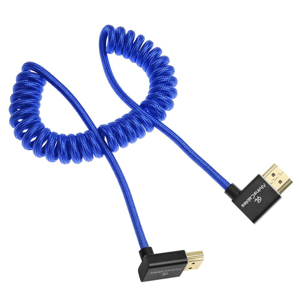 Alvin&#39;s Cables 8K HDMI 2.1 Cable 8K@60Hz 4K@120Hz High-Speed Braided Coiled Cable for Atomos Ninja,for Feelworld,for Sony FS5 FS7 FX9,BMPCC,for Canon C300 C500,Left to Up Angle Blue
