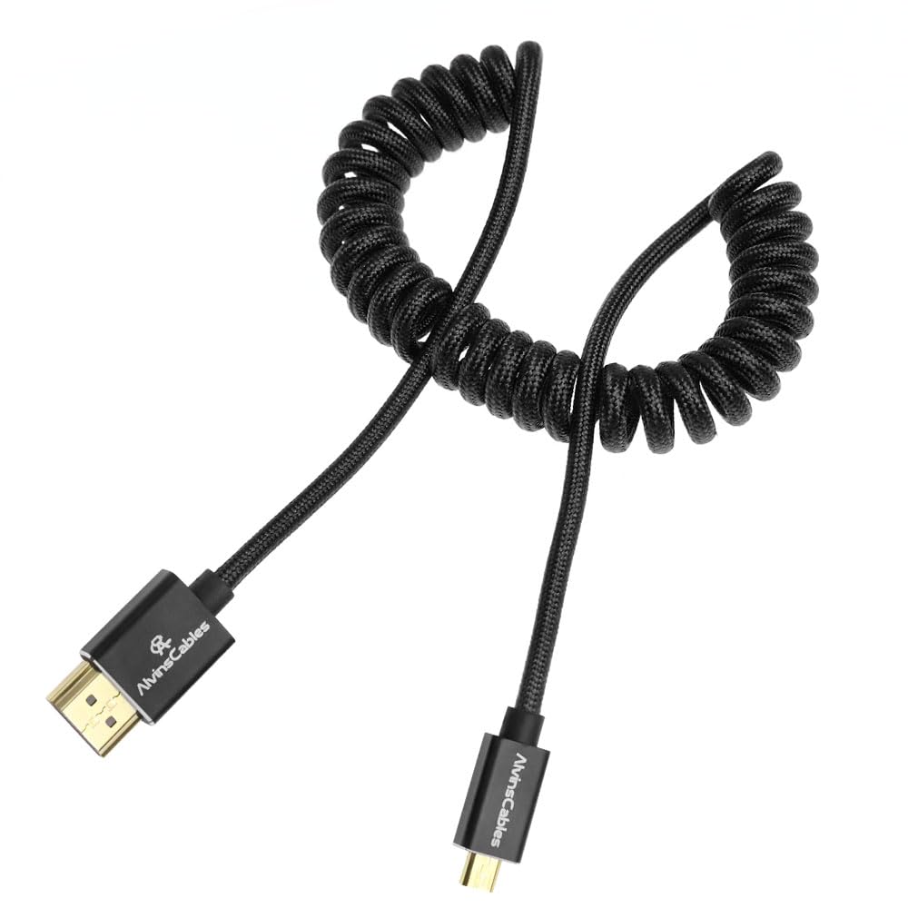 Alvin's Cables 8K 2.1 Micro HDMI to HDMI Coiled Cable for Atomos Ninja V, 8K@60Hz 4K@60Hz High-Speed HDMI Cable for Sony A7RIII A7II A7M3, for FUJIFILM X-T4 X-T3, Braided Black