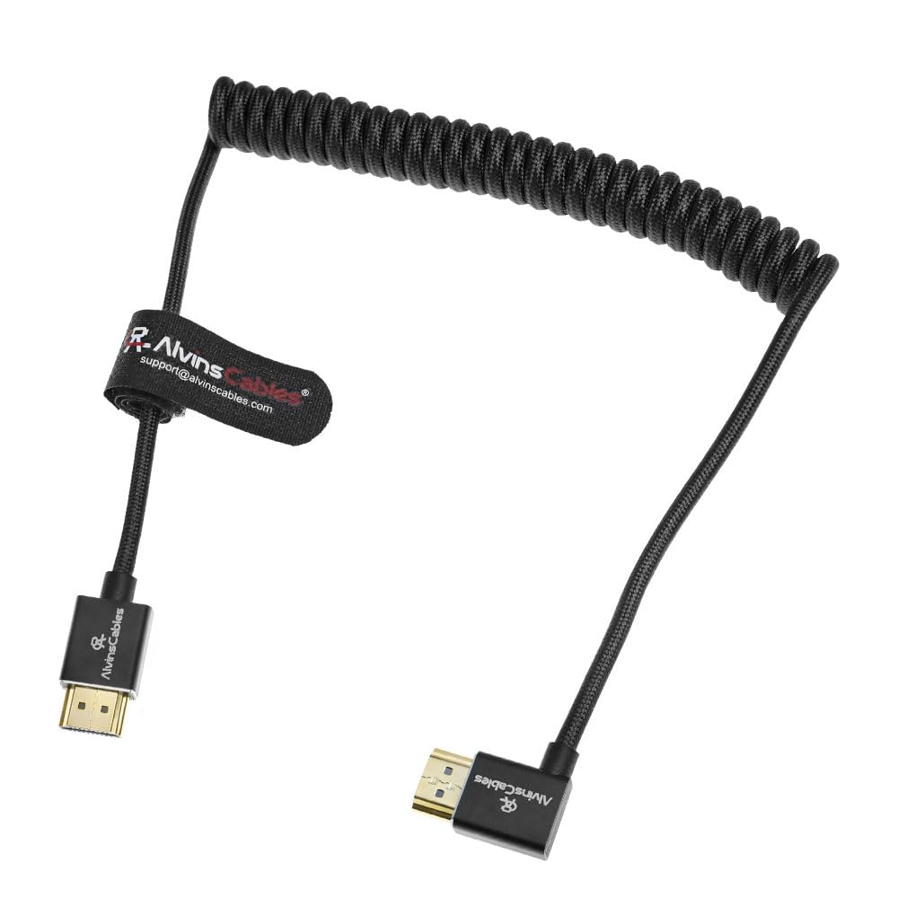 Alvin&#39;s Cables 8K HDMI 2.1 High-Speed Cable 8K@60Hz 4K@120Hz Braided Coiled Cable for Atomos Ninja,for Feelworld,for Sony FS5 FS7 FX9,BMPCC,for Canon C300 C500,Right Angle Black