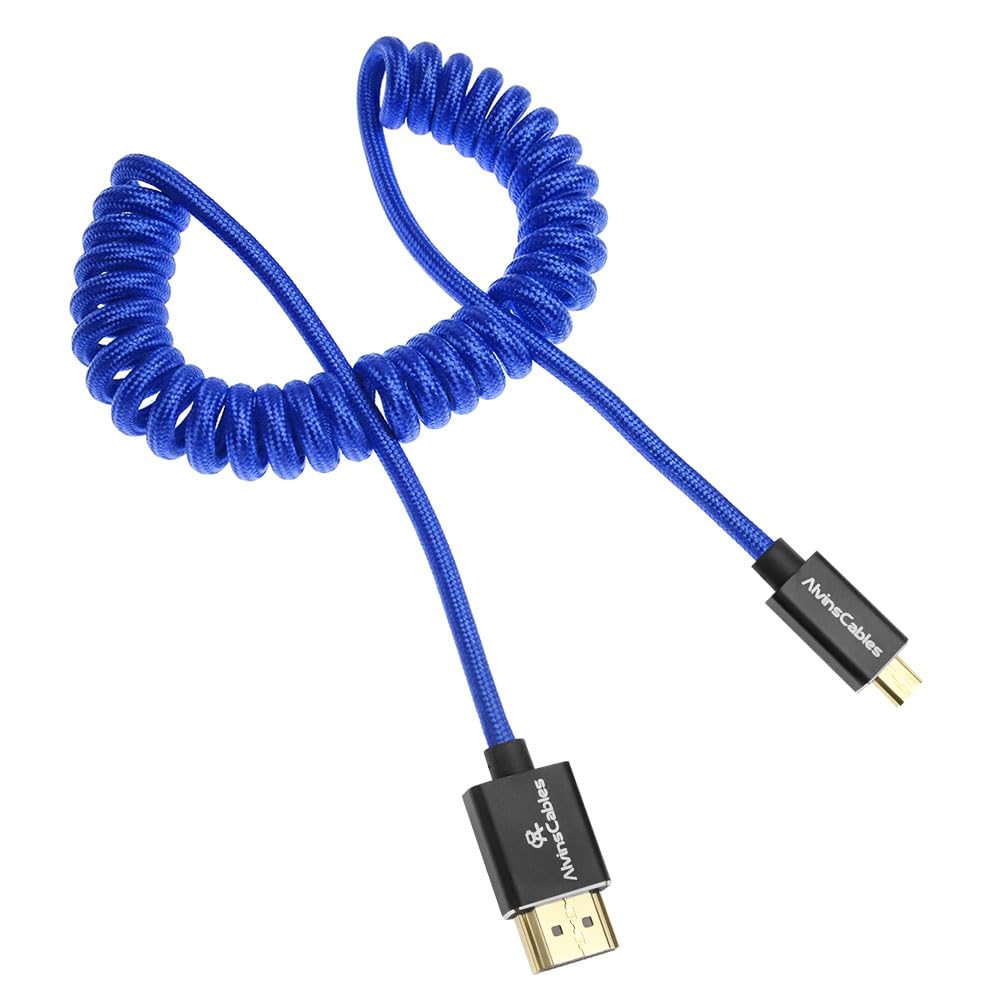 Alvin's Cables 8K 2.1 Micro HDMI to HDMI Coiled Cable for Atomos Ninja V, 8K@60Hz 4K@60Hz High-Speed HDMI Cable for Sony A7RIII A7II A7M3, for Canon R5 M6, for FUJIFILM X-T4 X-T3, Braided Blue