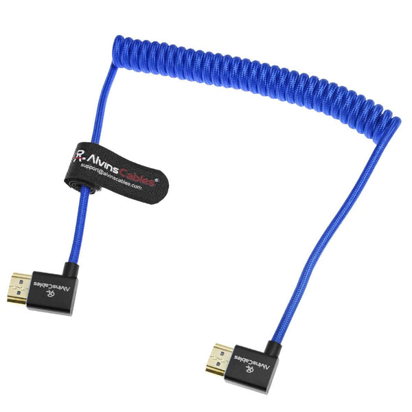 Alvin's Cables 8K HDMI Cable for Atomos Ninja,2.1 48Gbps 8K@60Hz 4K@120Hz High-Speed Braided Coiled Cable for Sony FS5 FS7 FX9,BMPCC,for Canon C300 C500,for Feelworld,Right to Right Angle Blue