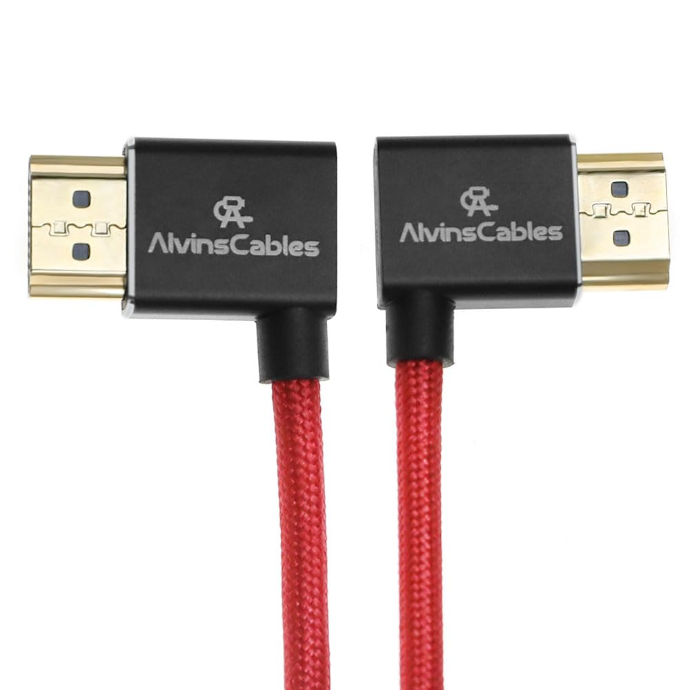 Alvin&#39;s Cables 8K HDMI 2.1 Cable 8K 60Hz 4K 120Hz High-Speed for Atomos Ninja Monitor,Left to Right Angle Braided Coiled Cable for Sony FS5 FS7 FX9,for Canon C300 C500,for Nikon Z9 Camera,Red