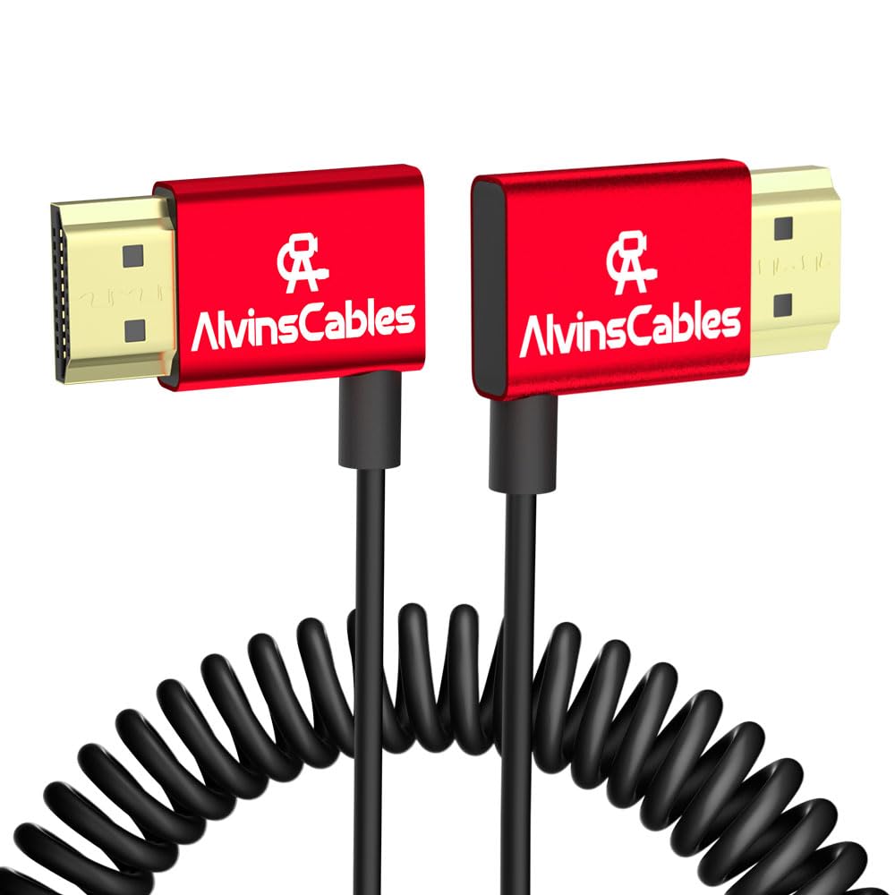 Alvin's Cables 8K HDMI Cable 2.1 48Gbps High Speed Φ2.4mm Ultra-Thin HDMI 8K@60Hz 4K@120Hz for Sony A7 A9, BMPCC, for Canon C70, for Atomos Ninja, for SmallHD, Left to Right Angle Coiled Cable