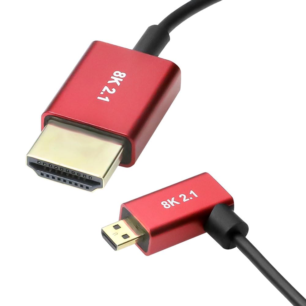 Alvin&#39;s Cables 8K 2.1 Micro HDMI Right Angle to HDMI Ultra-Thin Coiled Cable for Atomos Ninja V, 8K@60Hz 4K@120Hz High-Speed HDMI Cable for Sony A7RIII A7II A7M3, for Canon R5 M6, 45cm|18in