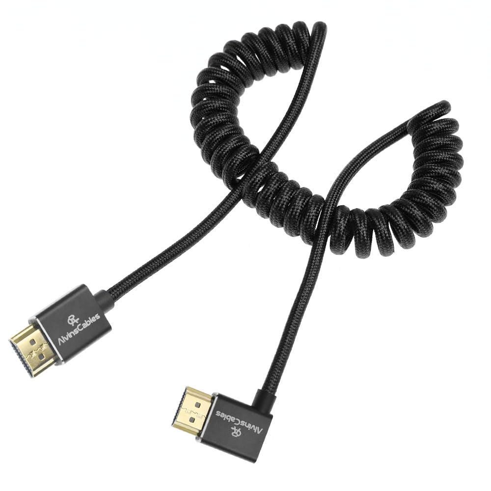 Alvin&#39;s Cables 8K HDMI 2.1 High-Speed Cable 8K@60Hz 4K@120Hz Braided Coiled Cable for Atomos Ninja,for Feelworld,for Sony FS5 FS7 FX9,BMPCC,for Canon C300 C500,Right Angle Black