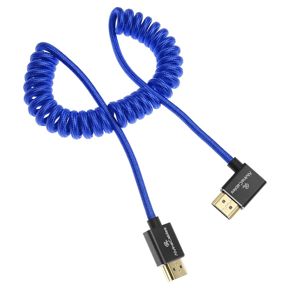 Alvin&#39;s Cables 8K HDMI 2.1 High-Speed Cable 8K@60Hz 4K@120Hz Braided Coiled Cable for Atomos Ninja,for Feelworld,for Sony FS5 FS7 FX9,BMPCC,for Canon C300 C500,Right Angle Blue