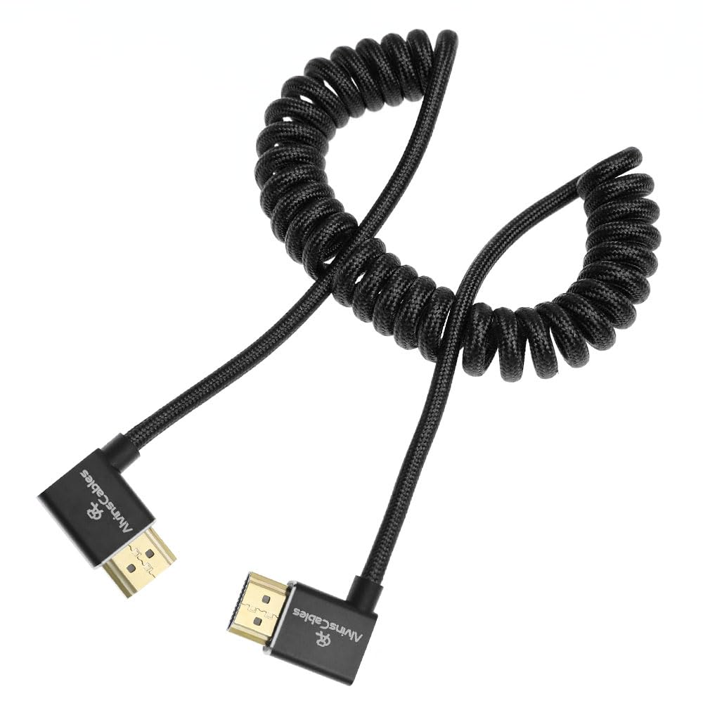 Alvin&#39;s Cables 8K HDMI 2.1 Cable 8K 60Hz 4K 120Hz High-Speed for Atomos Ninja Monitor,Left to Right Angle Braided Coiled Cable for Sony FS5 FS7 FX9,for Canon C300 C500,for Nikon Z9 Camera,Black