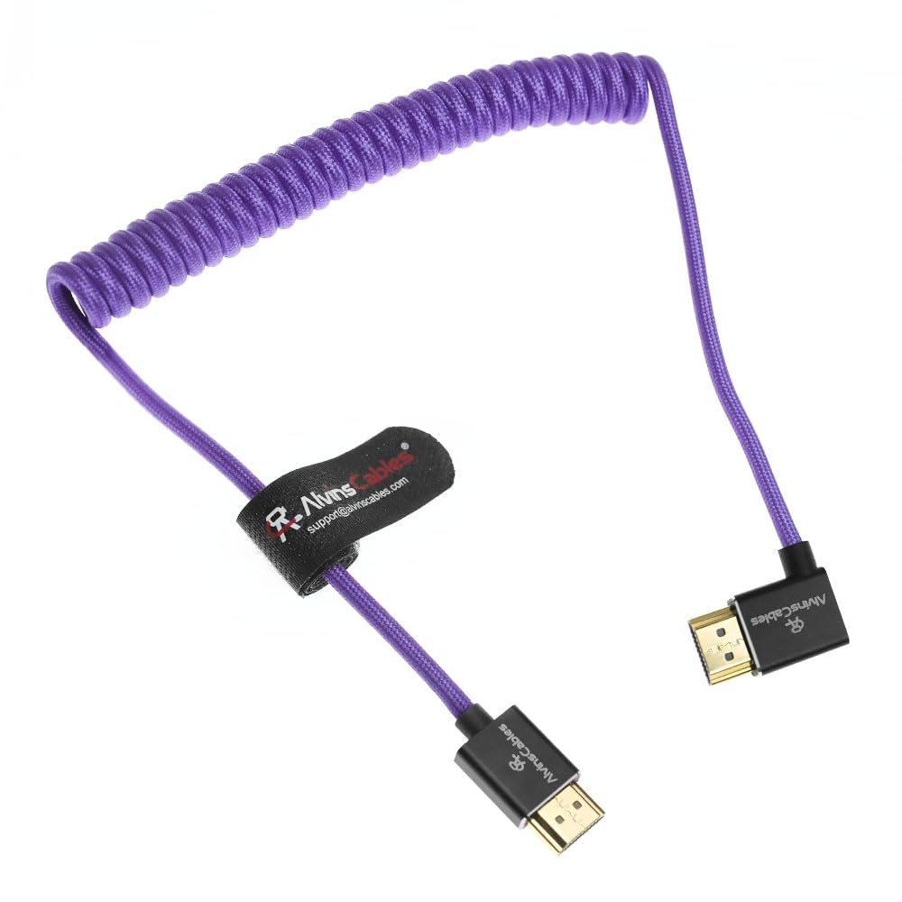 Alvin's Cables 8K HDMI 2.1 High-Speed Cable 8K@60Hz 4K@120Hz Braided Coiled Cable for Atomos Ninja,for Feelworld,for Sony FS5 FS7 FX9,BMPCC,for Canon C300 C500,Right Angle Purple