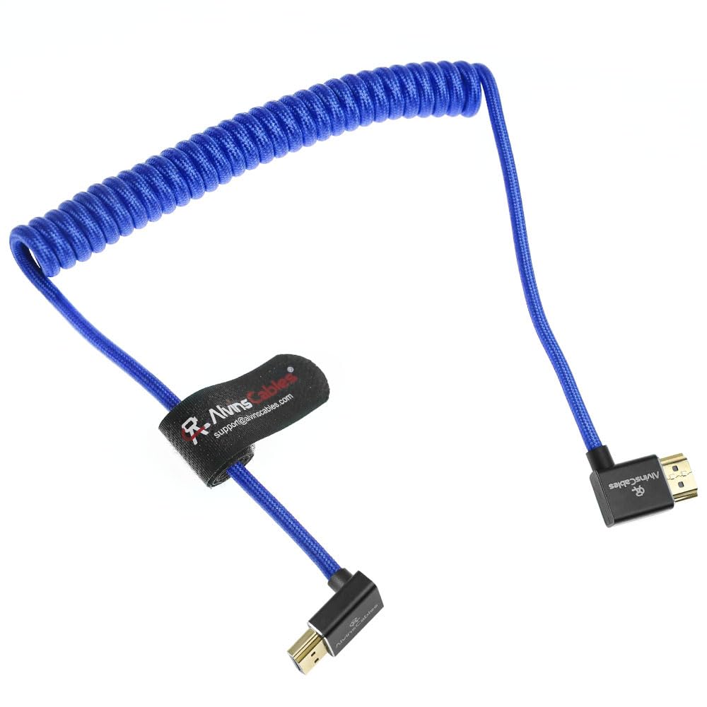 Alvin&#39;s Cables 8K HDMI 2.1 Cable 8K@60Hz 4K@120Hz High-Speed Braided Coiled Cable for Atomos Ninja,for Feelworld,for Sony FS5 FS7 FX9,BMPCC,for Canon C300 C500,Left to Up Angle Blue