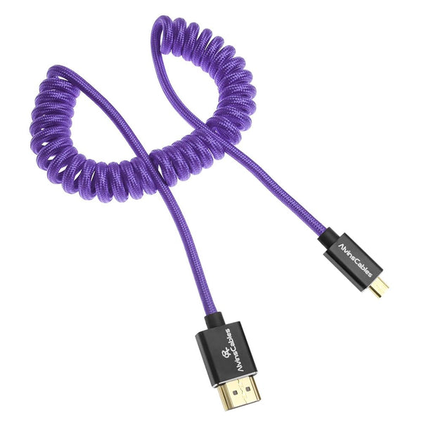 Alvin's Cables 8K 2.1 Micro HDMI to HDMI Coiled Cable for Atomos Ninja V, 8K@60Hz 4K@60Hz High-Speed HDMI Cable for Sony A7RIII A7II A7M3, for Canon R5 M6, for FUJIFILM X-T4 X-T3, Braided Purple