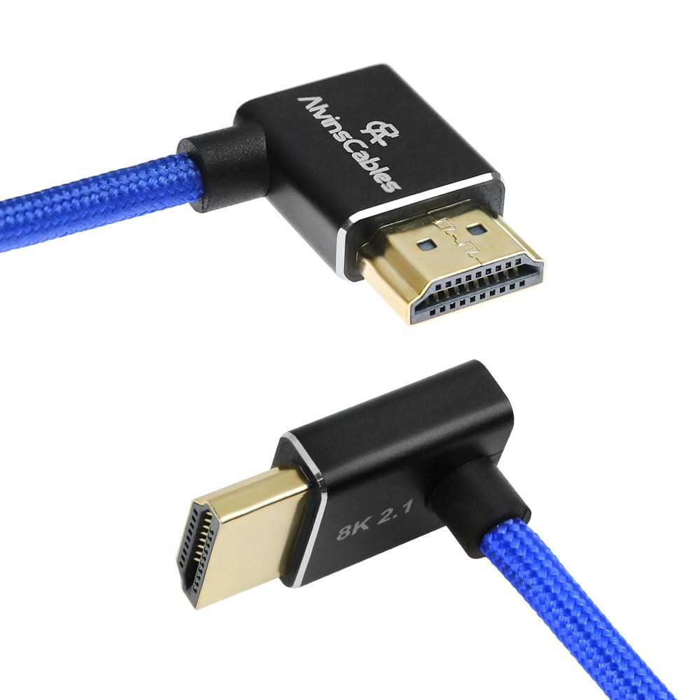 Alvin's Cables 8K HDMI 2.1 Cable 48Gbps 8K@60Hz 4K@120Hz High-Speed Braided Coiled Cable for Sony FS5 FS7 FX9,BMPCC,for Canon C300 C500,for Atomos Ninja,for Feelworld,Right to Up Angle Blue