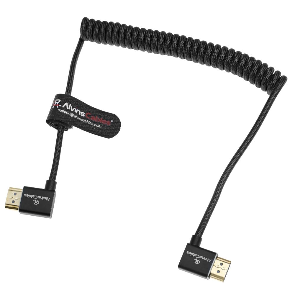 Alvin&#39;s Cables 8K HDMI 2.1 Cable 8K 60Hz 4K 120Hz High-Speed for Atomos Ninja Monitor,Left to Right Angle Braided Coiled Cable for Sony FS5 FS7 FX9,for Canon C300 C500,for Nikon Z9 Camera,Black