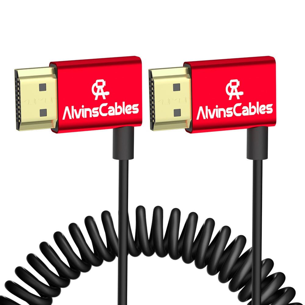 Alvin's Cables 8K HDMI Cable 2.1 48Gbps High Speed Φ2.4mm Ultra-Thin HDMI 8K@60Hz 4K@120Hz for Sony A7 A9, BMPCC, for Canon C70, for Atomos Ninja, for SmallHD, Left to Left Angle Coiled Cable