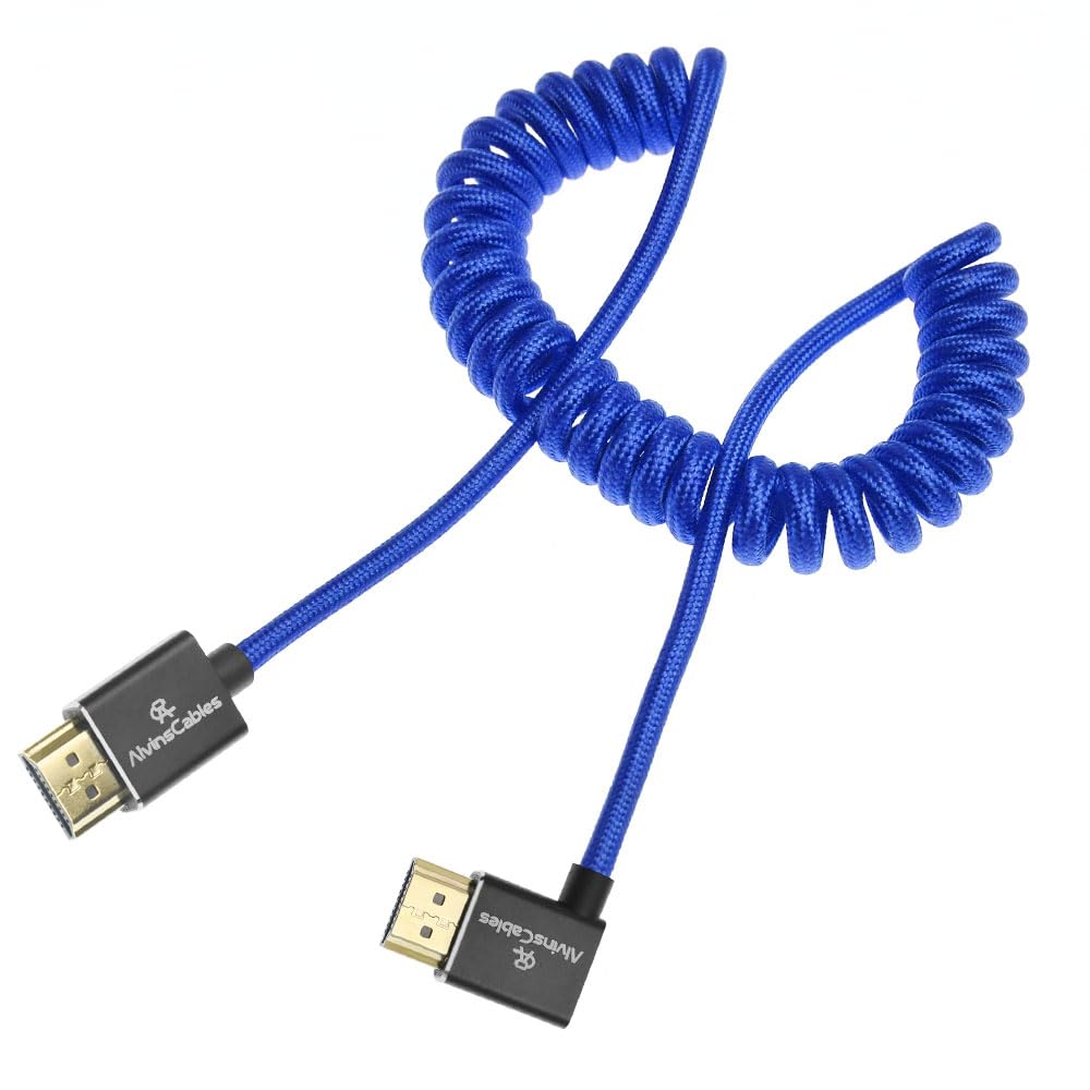 Alvin&#39;s Cables 8K HDMI 2.1 High-Speed Cable 8K@60Hz 4K@120Hz Braided Coiled Cable for Atomos Ninja,for Feelworld,for Sony FS5 FS7 FX9,BMPCC,for Canon C300 C500,Right Angle Blue