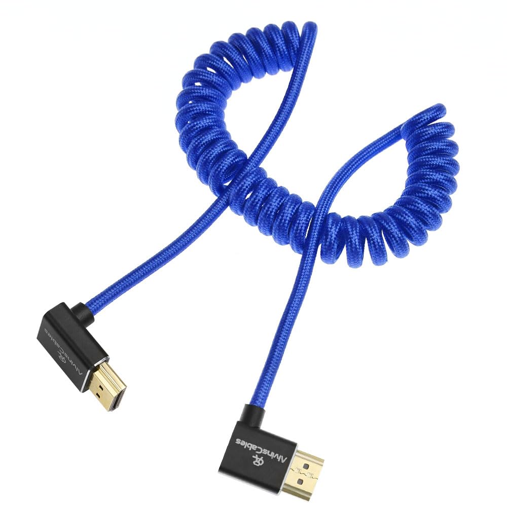 Alvin&#39;s Cables 8K HDMI 2.1 Cable 8K@60Hz 4K@120Hz High-Speed Braided Coiled Cable for Atomos Ninja,for Feelworld,for Sony FS5 FS7 FX9,BMPCC,for Canon C300 C500,Left to Up Angle Blue