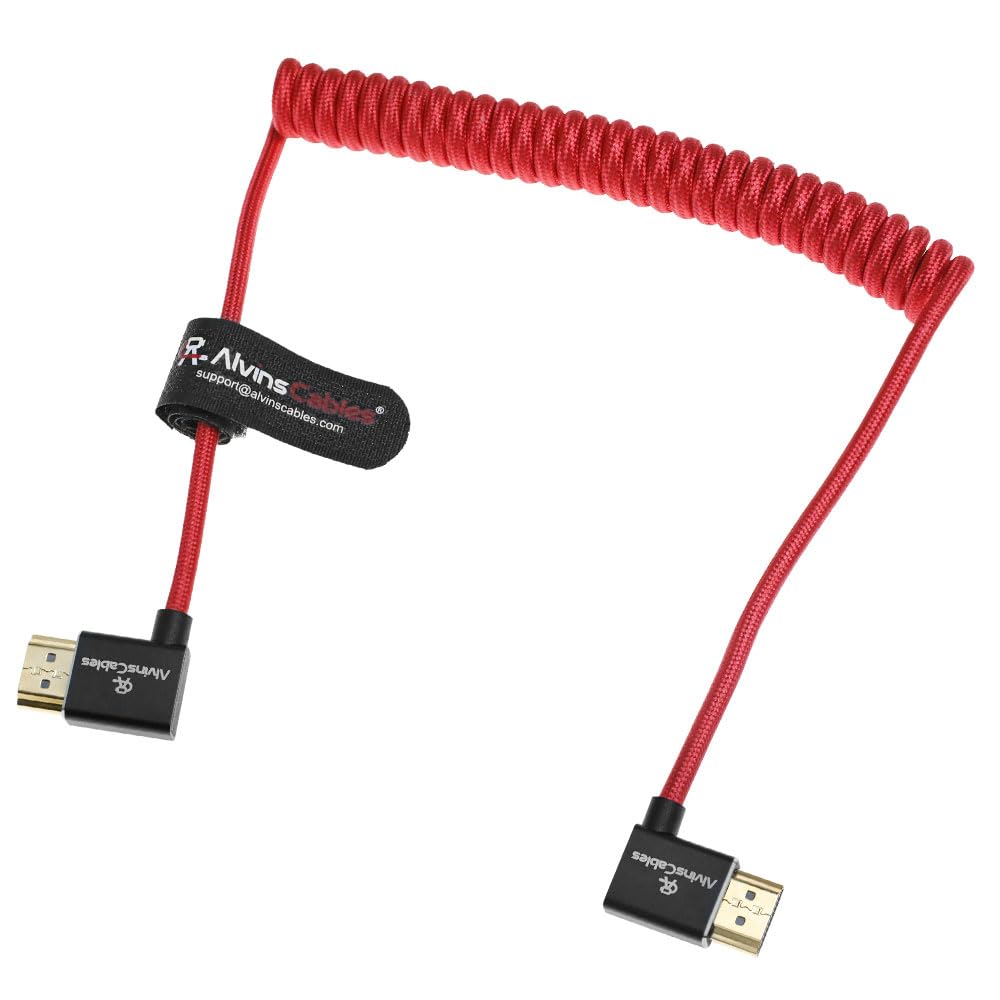 Alvin&#39;s Cables 8K HDMI 2.1 Cable 8K 60Hz 4K 120Hz High-Speed for Atomos Ninja Monitor,Left to Right Angle Braided Coiled Cable for Sony FS5 FS7 FX9,for Canon C300 C500,for Nikon Z9 Camera,Red