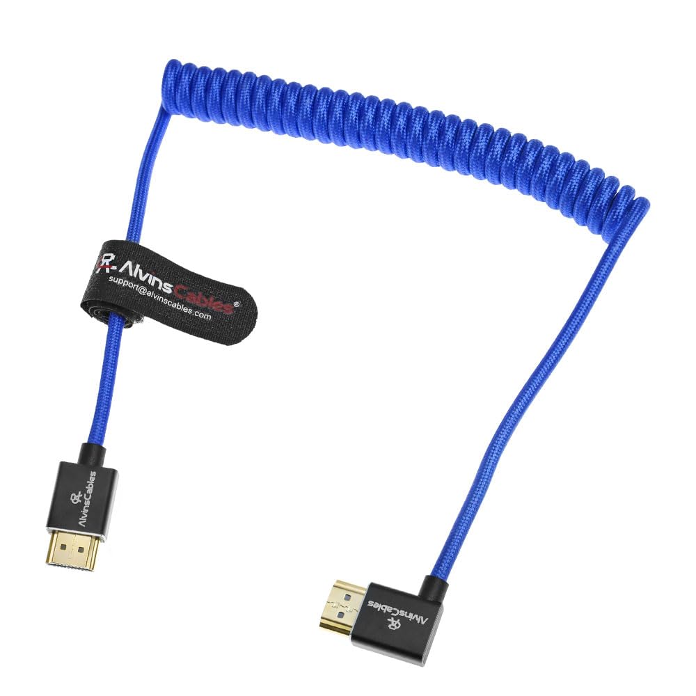 Alvin&#39;s Cables 8K HDMI 2.1 High-Speed Cable 8K@60Hz 4K@120Hz Braided Coiled Cable for Atomos Ninja,for Feelworld,for Sony FS5 FS7 FX9,BMPCC,for Canon C300 C500,Right Angle Blue