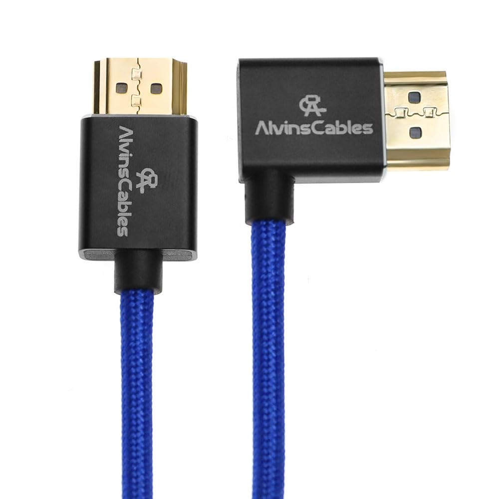 Alvin's Cables 8K HDMI 2.1 High-Speed Cable 8K@60Hz 4K@120Hz Braided Coiled Cable for Atomos Ninja,for Feelworld,for Sony FS5 FS7 FX9,BMPCC,for Canon C300 C500,Right Angle Blue