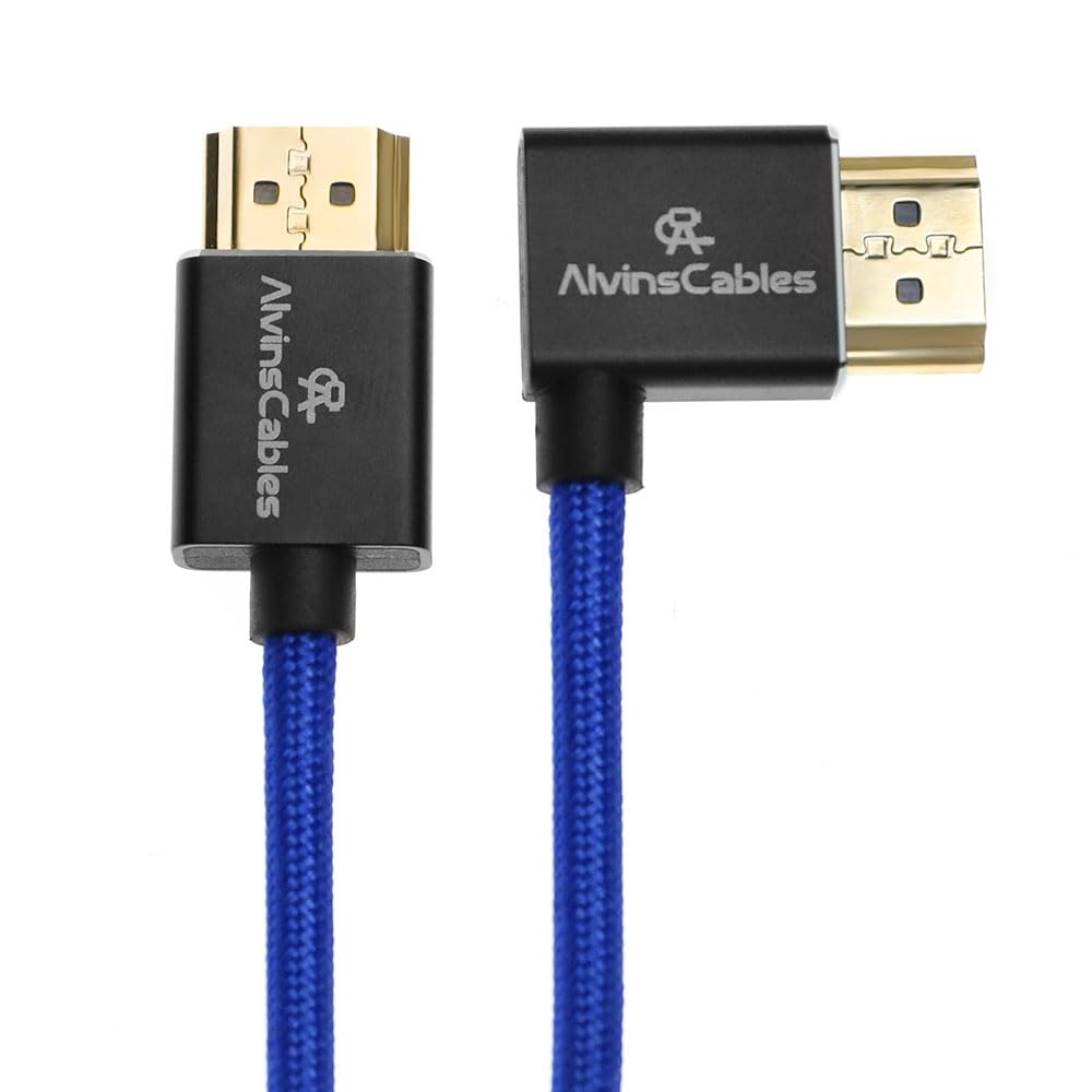 Alvin&#39;s Cables 8K HDMI 2.1 High-Speed Cable 8K@60Hz 4K@120Hz Braided Coiled Cable for Atomos Ninja,for Feelworld,for Sony FS5 FS7 FX9,BMPCC,for Canon C300 C500,Right Angle Blue