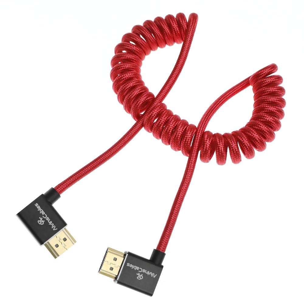 Alvin&#39;s Cables 8K HDMI 2.1 Cable 8K 60Hz 4K 120Hz High-Speed for Atomos Ninja Monitor,Left to Right Angle Braided Coiled Cable for Sony FS5 FS7 FX9,for Canon C300 C500,for Nikon Z9 Camera,Red