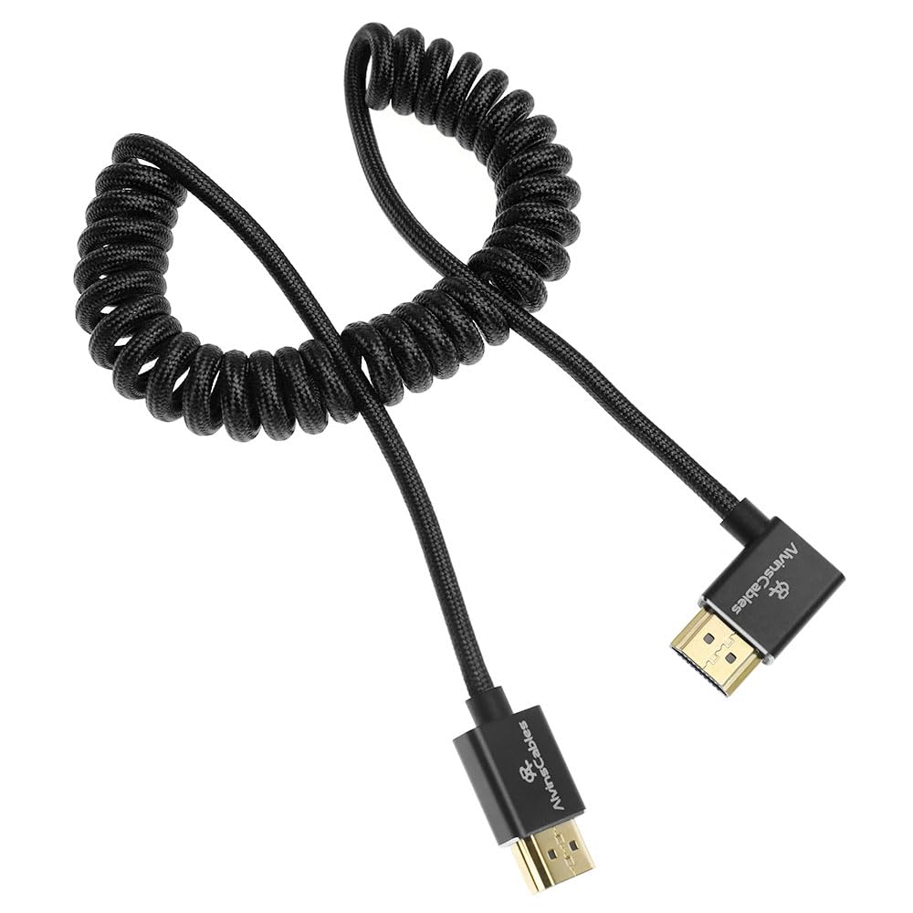 Alvin&#39;s Cables 8K HDMI 2.1 High-Speed Cable 8K@60Hz 4K@120Hz Braided Coiled Cable for Atomos Ninja,for Feelworld,for Sony FS5 FS7 FX9,BMPCC,for Canon C300 C500,Right Angle Black