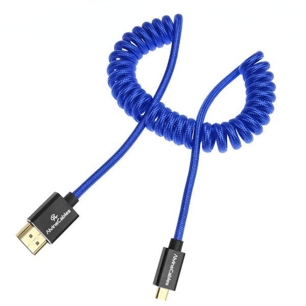 Alvin's Cables 8K 2.1 Micro HDMI to HDMI Coiled Cable for Atomos Ninja V, 8K@60Hz 4K@60Hz High-Speed HDMI Cable for Sony A7RIII A7II A7M3, for Canon R5 M6, for FUJIFILM X-T4 X-T3, Braided Blue