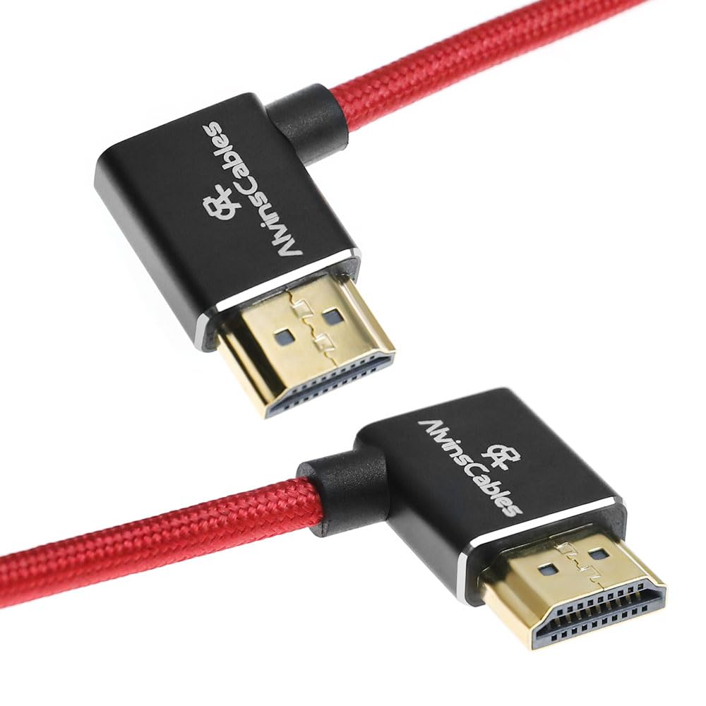 Alvin&#39;s Cables 8K HDMI 2.1 Cable 8K 60Hz 4K 120Hz High-Speed for Atomos Ninja Monitor,Left to Right Angle Braided Coiled Cable for Sony FS5 FS7 FX9,for Canon C300 C500,for Nikon Z9 Camera,Red
