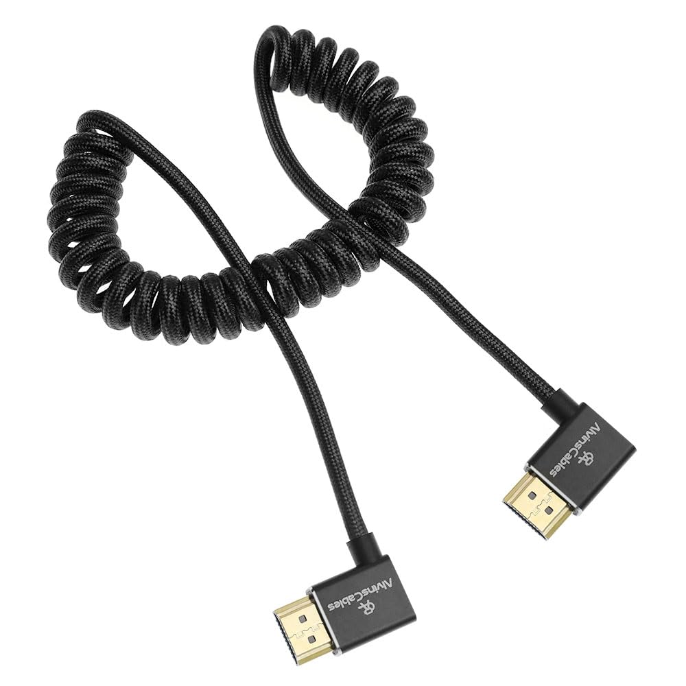 Alvin's Cables 8K HDMI Cable for Atomos Ninja,2.1 48Gbps 8K@60Hz 4K@120Hz High-Speed Braided Coiled Cable for Sony FS5 FS7 FX9,BMPCC,for Canon C300 C500,for Feelworld,Right to Right Angle Black