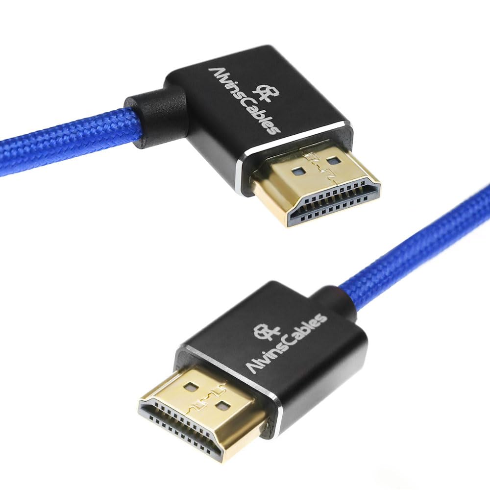 Alvin&#39;s Cables 8K HDMI 2.1 High-Speed Cable 8K@60Hz 4K@120Hz Braided Coiled Cable for Atomos Ninja,for Feelworld,for Sony FS5 FS7 FX9,BMPCC,for Canon C300 C500,Right Angle Blue