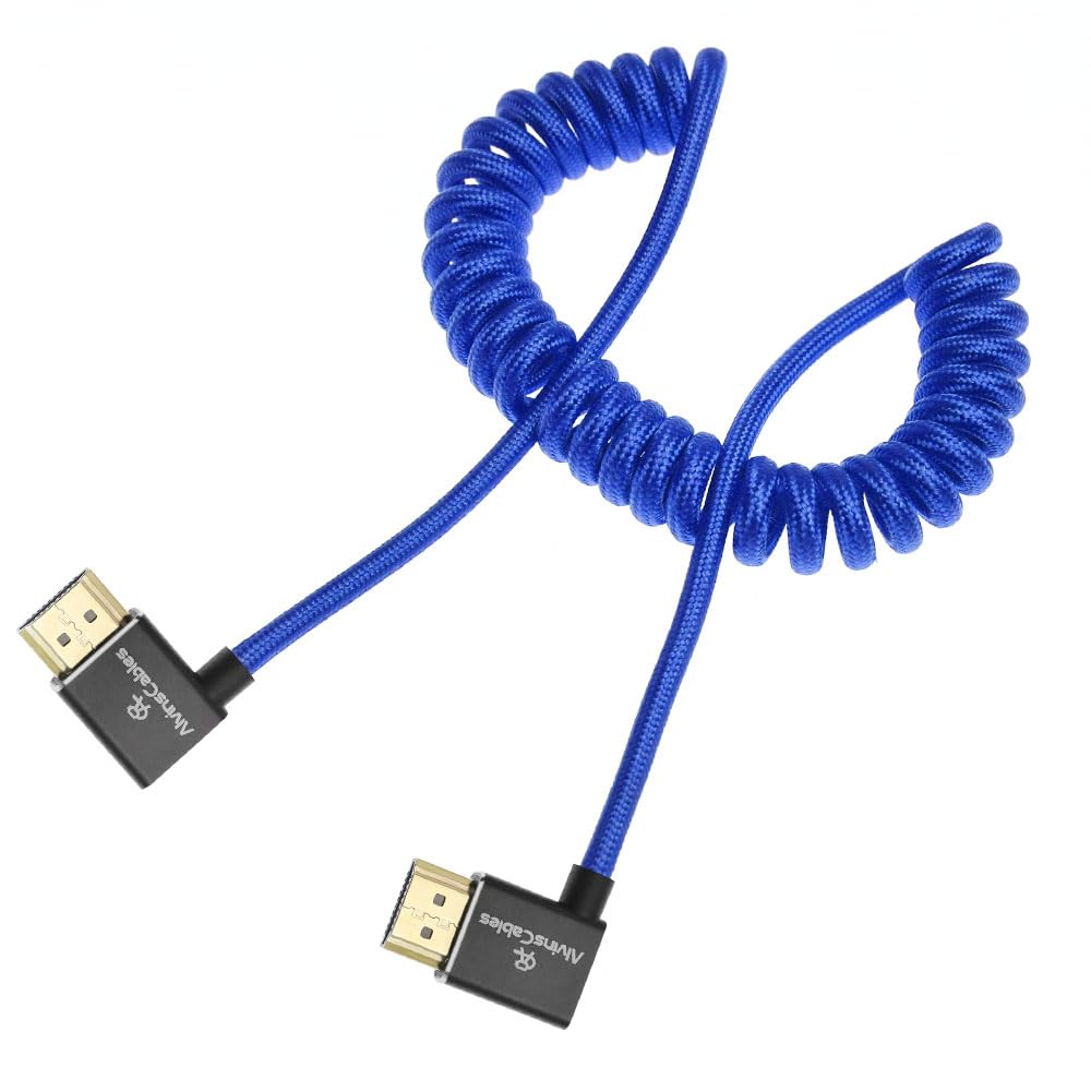 Alvin's Cables 8K HDMI Cable for Atomos Ninja,2.1 48Gbps 8K@60Hz 4K@120Hz High-Speed Braided Coiled Cable for Sony FS5 FS7 FX9,BMPCC,for Canon C300 C500,for Feelworld,Right to Right Angle Blue