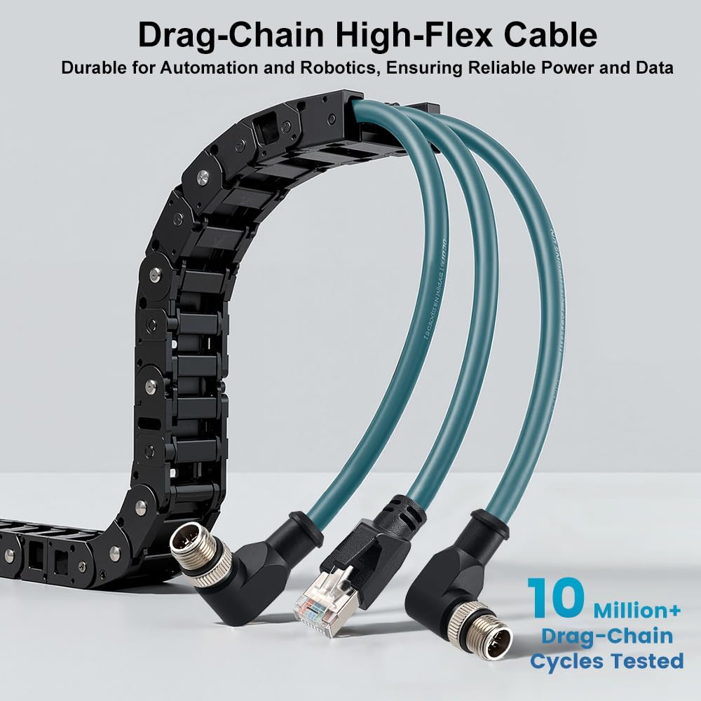 Alvin's Cables M12 X-Code 8 Pin Male to RJ45 Ethernet Cable for Cognex Kence Camera, High-Flex Cat6a Cable for Industrial Automation, Fieldbus Module, Robotics, Right Angle 98.4ft/30m Green