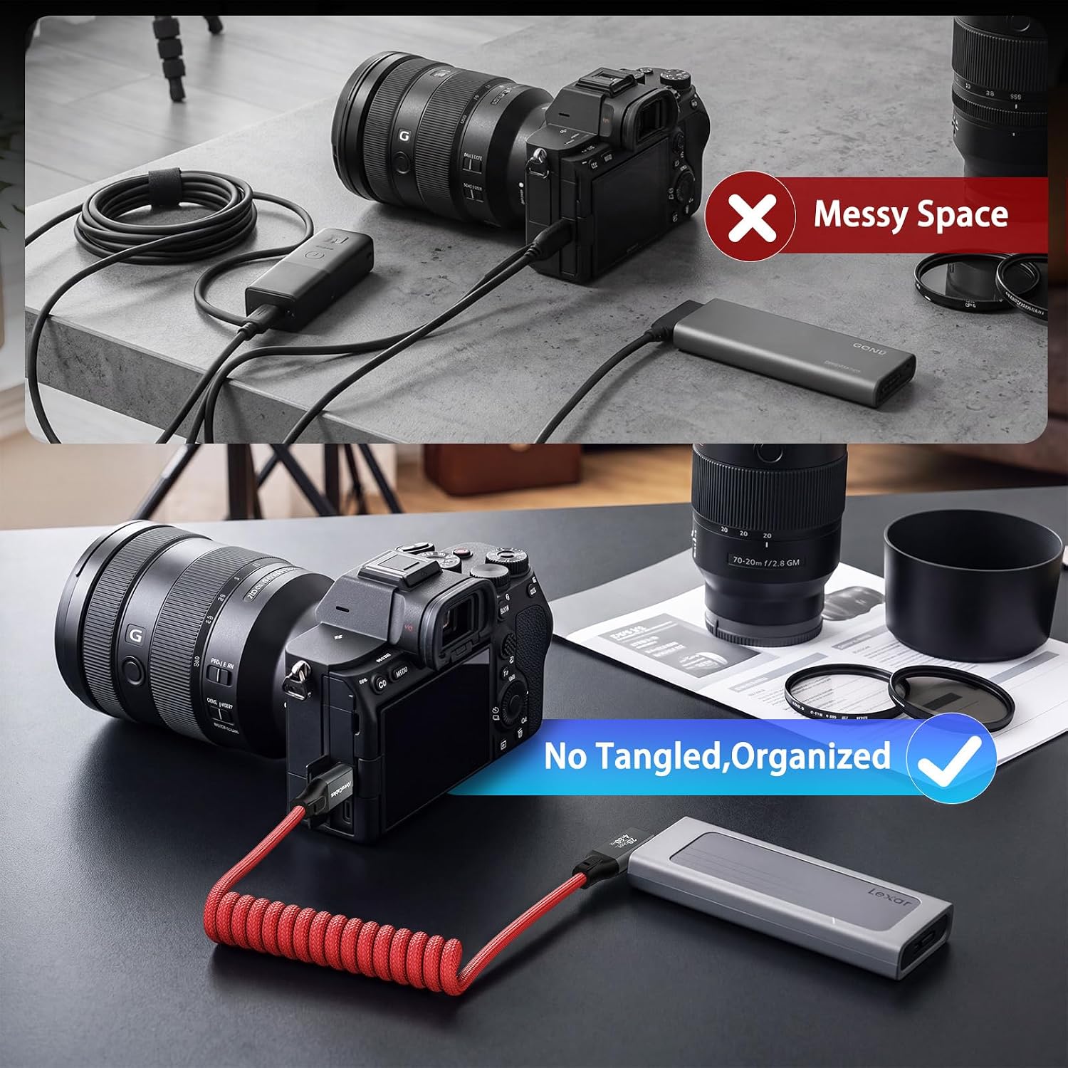 Coiled USB-C Cable, USB 3.2 Gen 2x2 20Gbps, 240W PD 3.1 Charging, 4K@60Hz Video, Right Angled Braided USB-C to USB-C Cable for BMPCC, Canon R5/R6, Sony FX3/A7C, ZCAM, Macbook, iPhone, Dock, SSD, Red