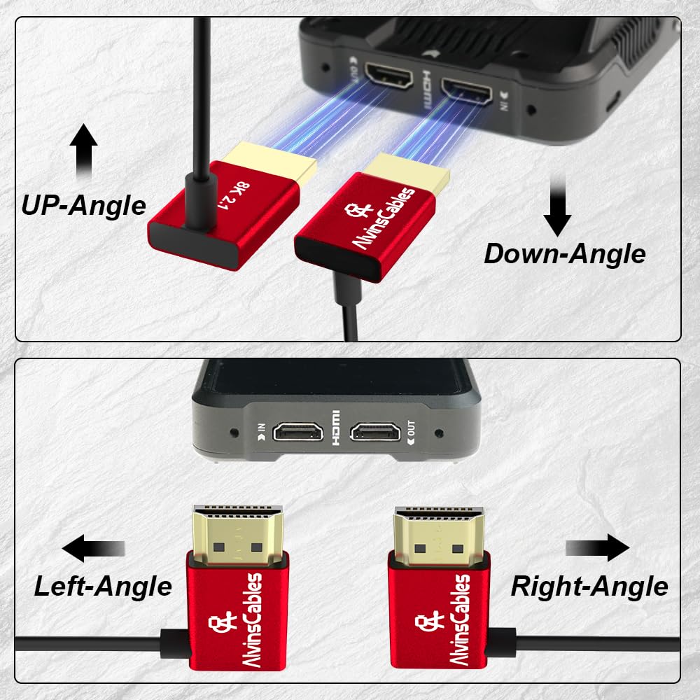 Alvin&#39;s Cables 8K 2.1 HDMI Cable 48Gbps High Speed Φ2.4mm Ultra-Thin HDMI 8K@60Hz 4K@120Hz for Canon C70, for Sony A7 A9, Blackmagic Camera, Atomos, SmallHD, Right Angle to Straight 2m| 6.56ft
