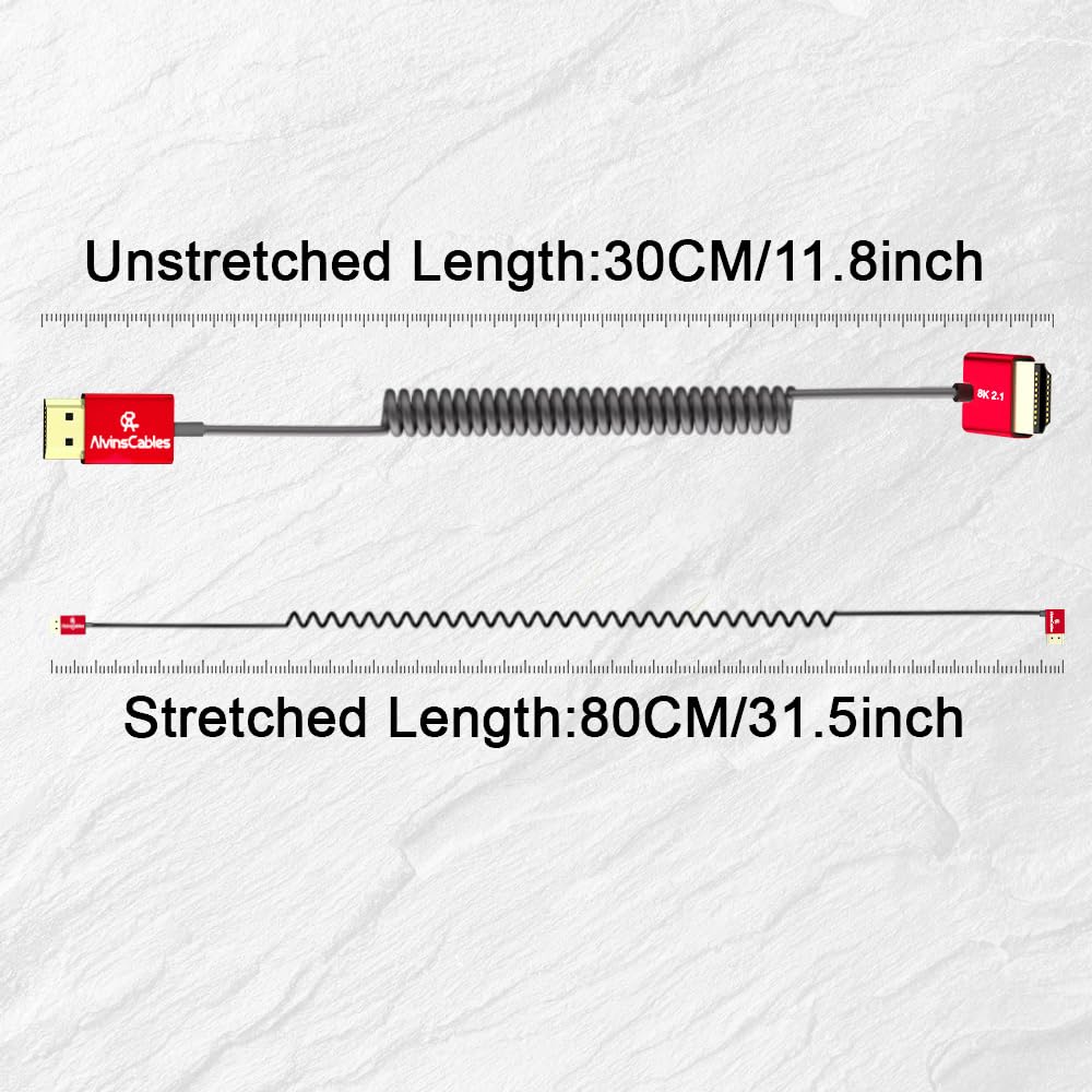 Alvin&#39;s Cables 8K 2.1 HDMI Cable 48Gbps 8K@60Hz 4K@120Hz High Speed Φ2.4mm Ultra-Thin HDMI for Sony A7 A9, BMPCC, for Canon C70, for Atomos Ninja, for Feelworld, Straight to Up Angle Coiled