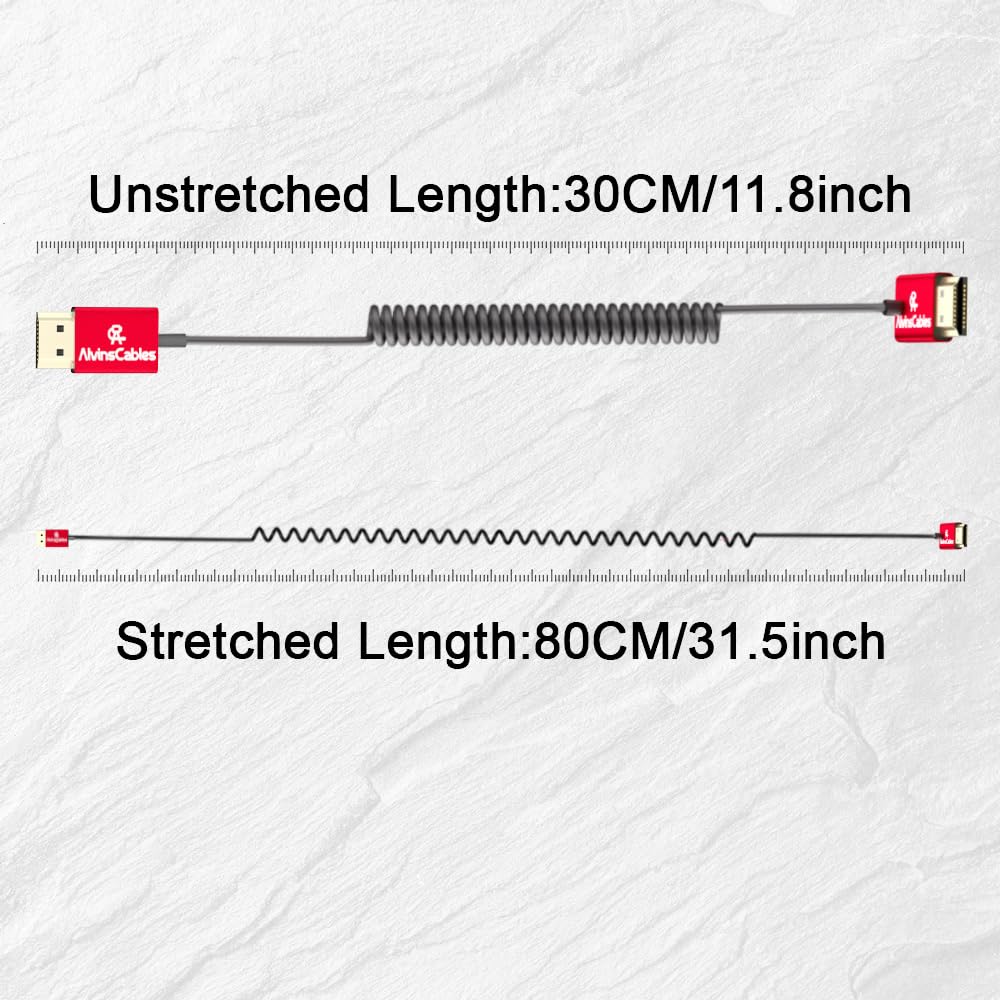 Alvin&#39;s Cables 8K 2.1 HDMI Cable 48Gbps 8K@60Hz 4K@120Hz High Speed Φ2.4mm Ultra-Thin HDMI for Sony A7 A9, BMPCC, for Canon C70, for Atomos Ninja, for Feelworld, Straight to Down Angle Coiled