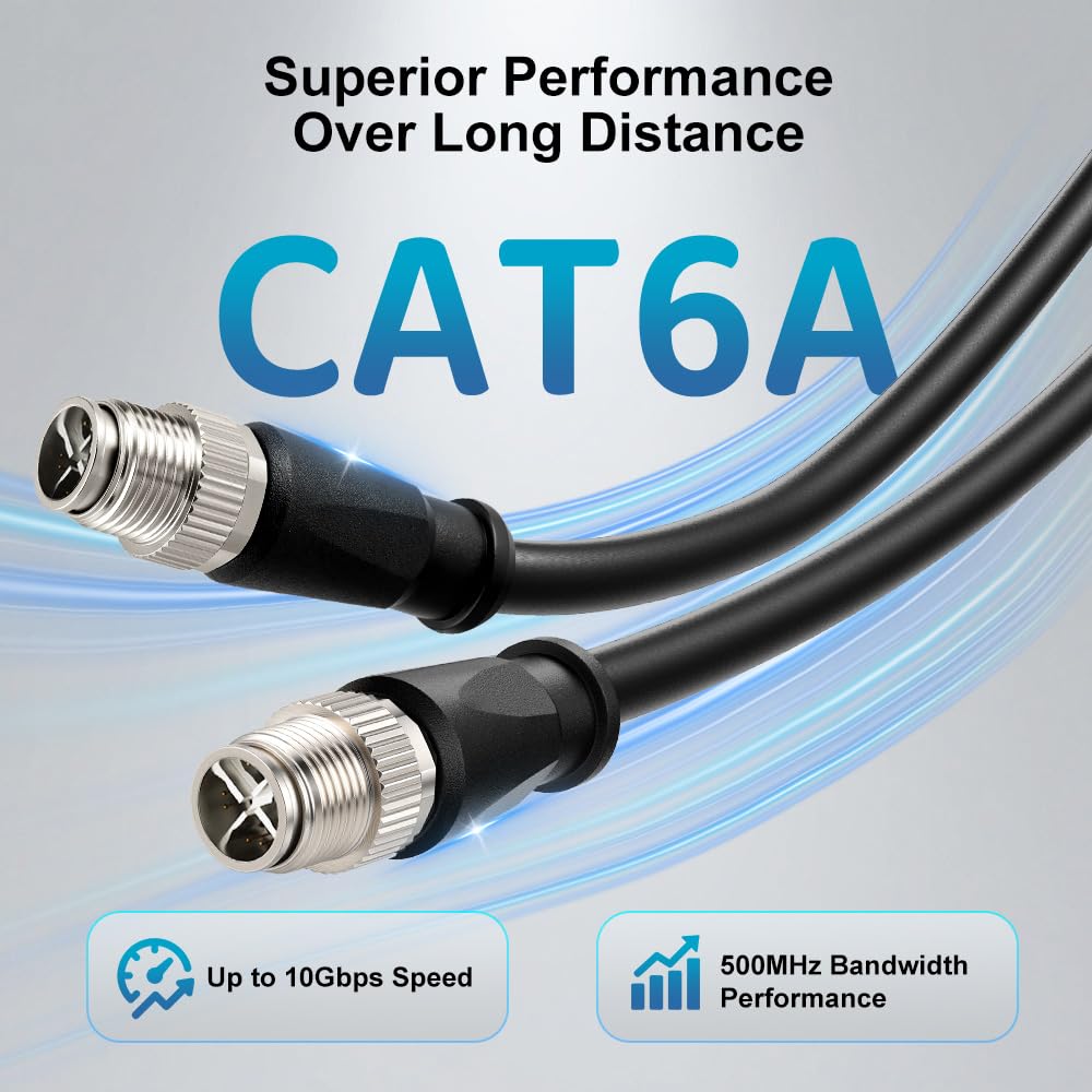 Alvin's Cables M12 X-Code 8 Pin to 8 Pin Male Cat6a Ethernet Cable Shielded for Cognex Basler Industrial Camera, High Flex Drag-Chain 3m 5m 10m, Black