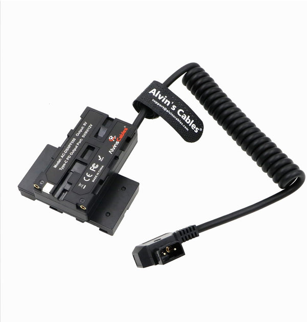 Alvin’s Cables D-Tap to Dual-Sided Cross-Shaped NP-F Dummy Battery with USB-C PD Power Cable for Atomos| SmallHD Monitor, Wireless Transmission, NP-F550| F570| F770| F970 Dummy Battery Coiled cable