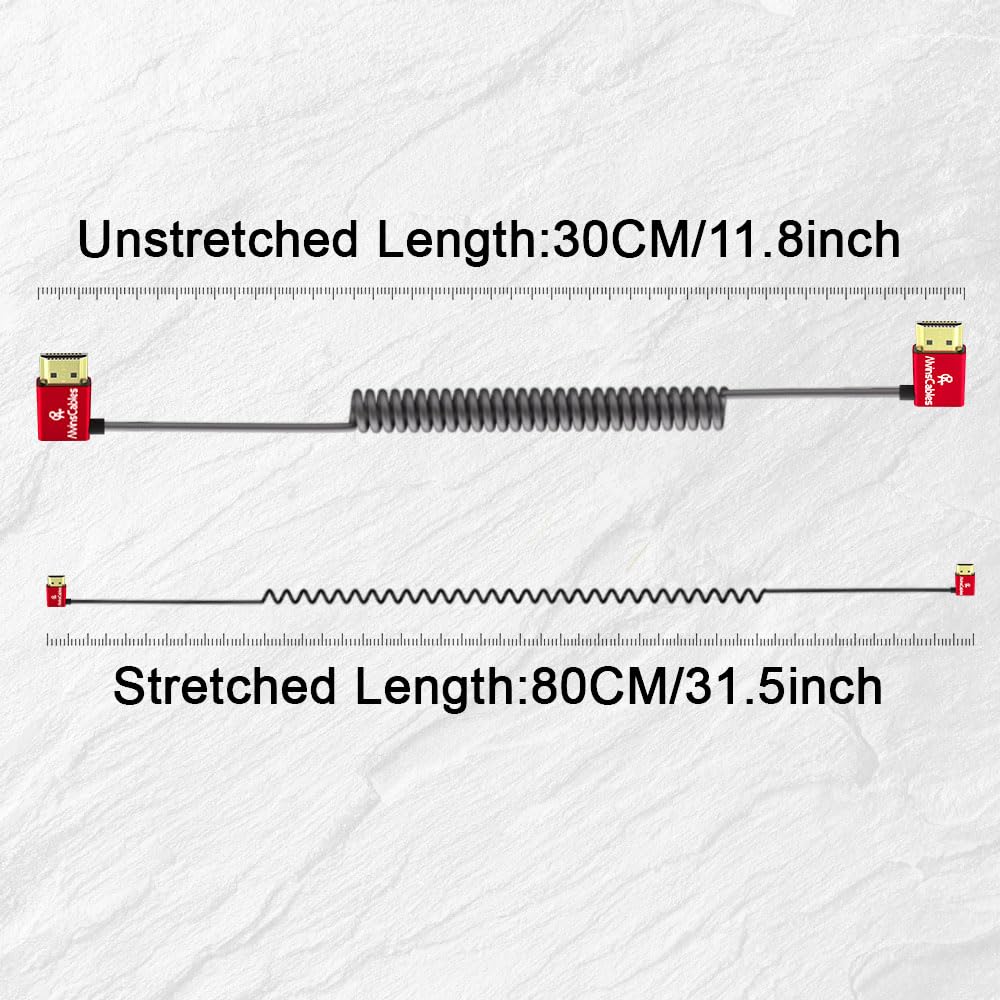 Alvin&#39;s Cables 8K HDMI Cable 2.1 48Gbps High Speed Φ2.4mm Ultra-Thin HDMI 8K@60Hz 4K@120Hz for Sony A7 A9, BMPCC, for Canon C70, for Atomos Ninja, for SmallHD, Left to Right Angle Coiled Cable