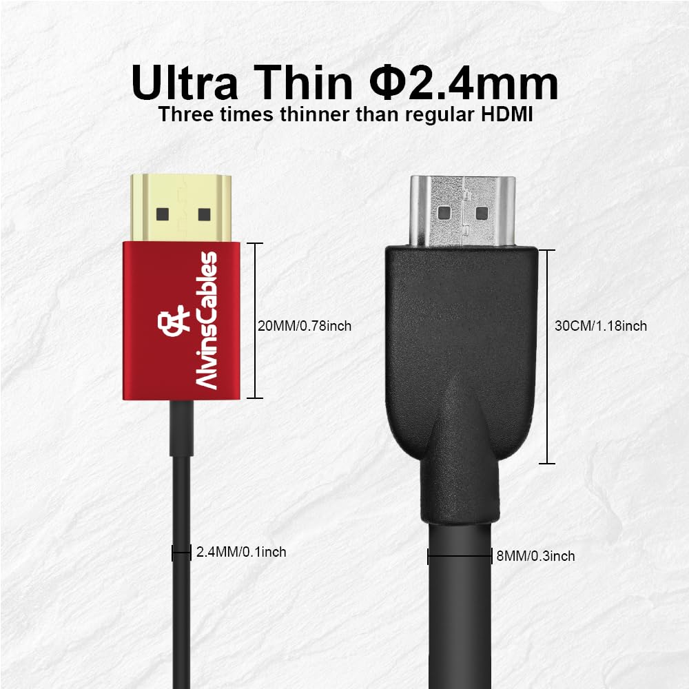 Alvin&#39;s Cables 8K 2.1 HDMI Cable 48Gbps High Speed Φ2.4mm Ultra-Thin HDMI 8K@60Hz 4K@120Hz for Canon C70, for Sony A7 A9, Blackmagic Camera, Atomos, SmallHD, Right Angle to Straight 2m| 6.56ft
