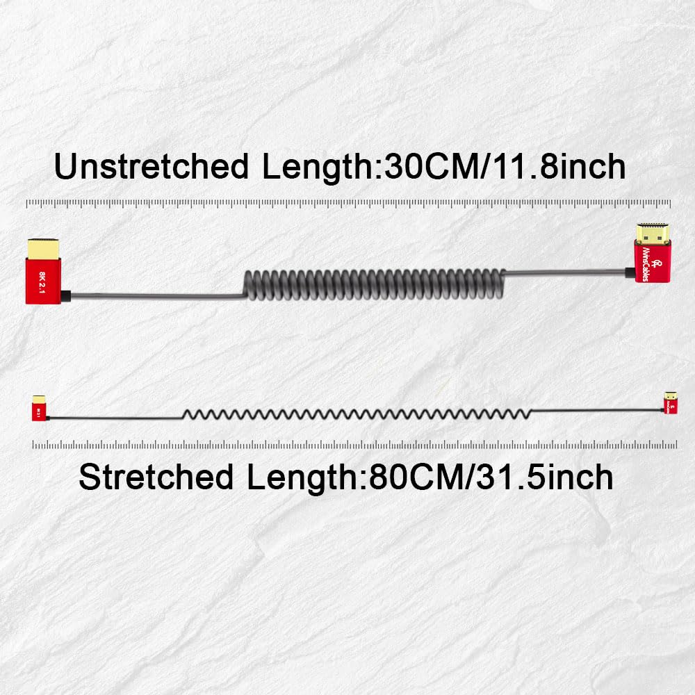 Alvin&#39;s Cables 8K HDMI Cable 2.1 48Gbps High Speed Φ2.4mm Ultra-Thin HDMI 8K@60Hz 4K@120Hz for Sony A7 A9, BMPCC, for Canon C70, for Atomos Ninja, for SmallHD, Left to Left Angle Coiled Cable