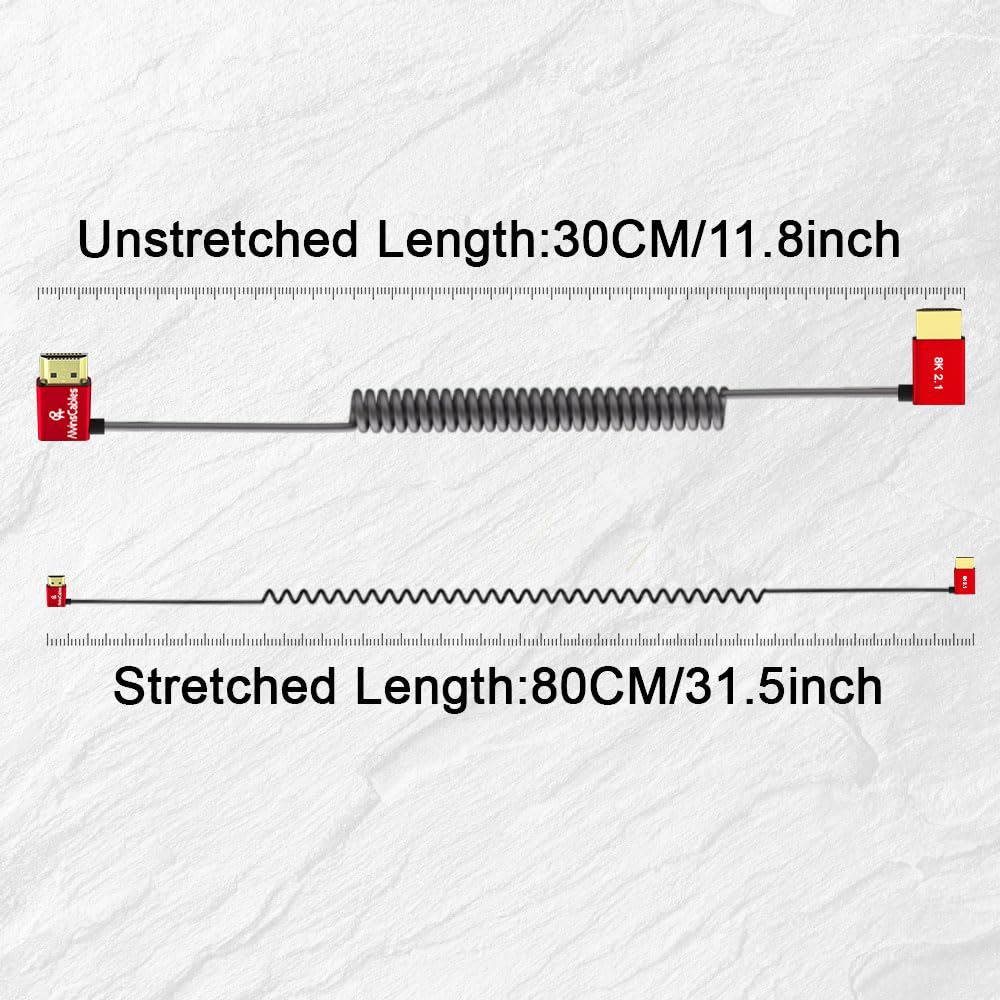 Alvin's Cables 8K HDMI Cable 2.1 48Gbps High Speed Φ2.4mm Ultra-Thin HDMI 8K@60Hz 4K@120Hz for Sony A7 A9, BMPCC, for Canon C70, for Atomos Ninja, for SmallHD, Right to Right Angle Coiled Cable